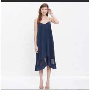 Madewell 100% Silk Spaghetti Strap Shift Dress Sheer Stripe Pockets Navy X-Small